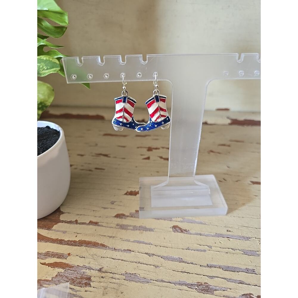 Patriotic American Flag Cowboy‎ Boot Dangle Earrings Western Boho Cowgirl Rodeo